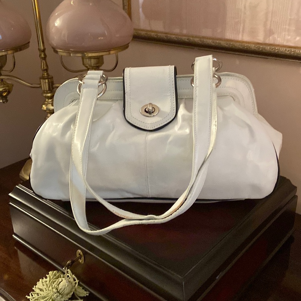 White Leather Handbag with Black Piping